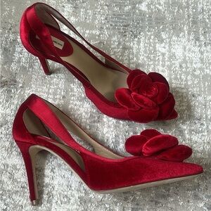 New Red Velvet Heels with Floral Accent